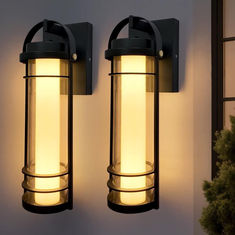 Modern LED Outdoor Wall Lanterns -15" Black Sconces With 5 Adjustable Color Temperatures, Waterproof (2-Pack) - Black-2Pack