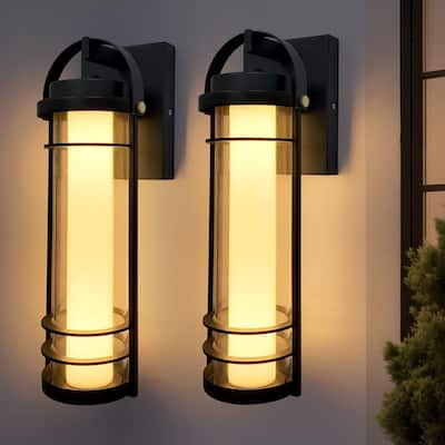 Modern LED Outdoor Wall Lanterns -15" Black Sconces With 5 Adjustable Color Temperatures, Waterproof (2-Pack)