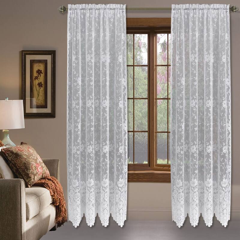 Grace Floral Lace Window Curtain Panels Or Valance - 63 Inches - White