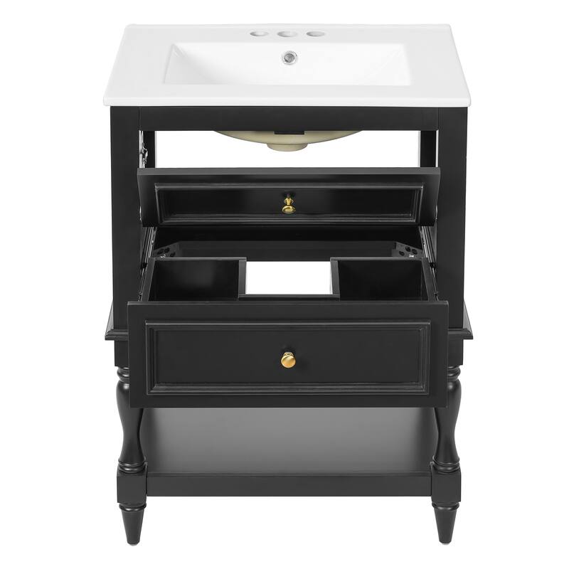 24" Retro Bathroom Vanity with Ceramic Sink & 2 Drawers - Solid Wood Storage Cabinet with Open Shelf