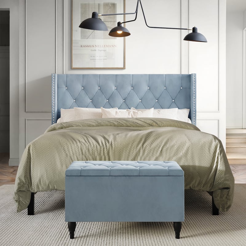 CraftPorch 2 Piece Bedroom Bench Set Velvet Wingback Upholstered Bed