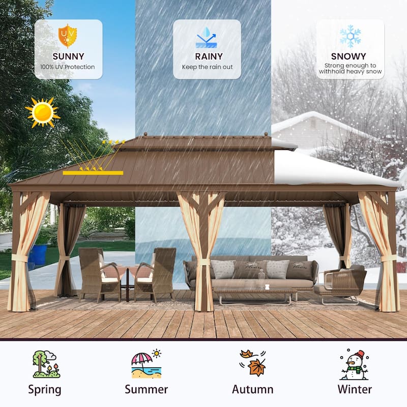 Erommy Hardtop Gazebo with Aluminum Frame and Double Roof, Permanent Outdoor Gazebo Includes Curtains&Netting for Patio Backyard