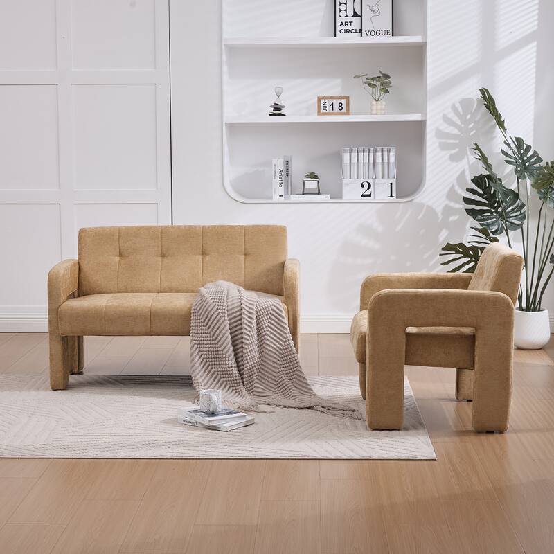 Modern 2-Seater Sofa Armchair with Chenille Fabric, for Living Rooms, Bedrooms, Lounges and Reading, Yellow