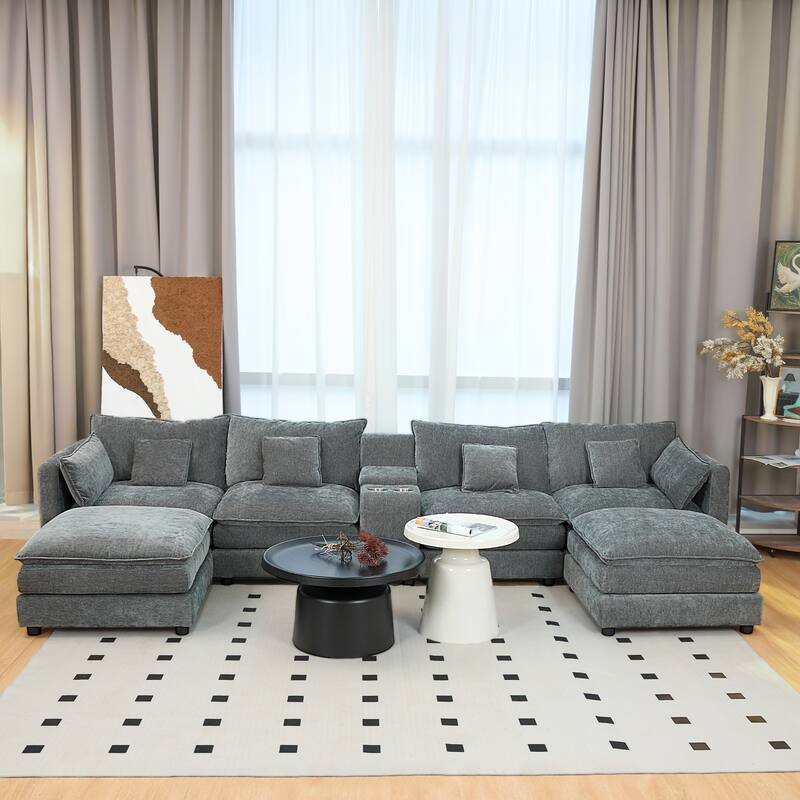 Modular U-shaped Sectional Sofa with Chaise, Chenille Upholstered Couch, Armrest Console with Cup Holders and Hidden Storage - Grey