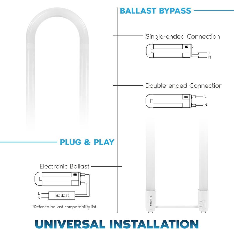 Luxrite U Bend LED Tube Light, T8 T12, 17.5W, 3 CCT, 2100 Lumens Direct or Ballast Bypass UL Listed G13 Base 6-Pack