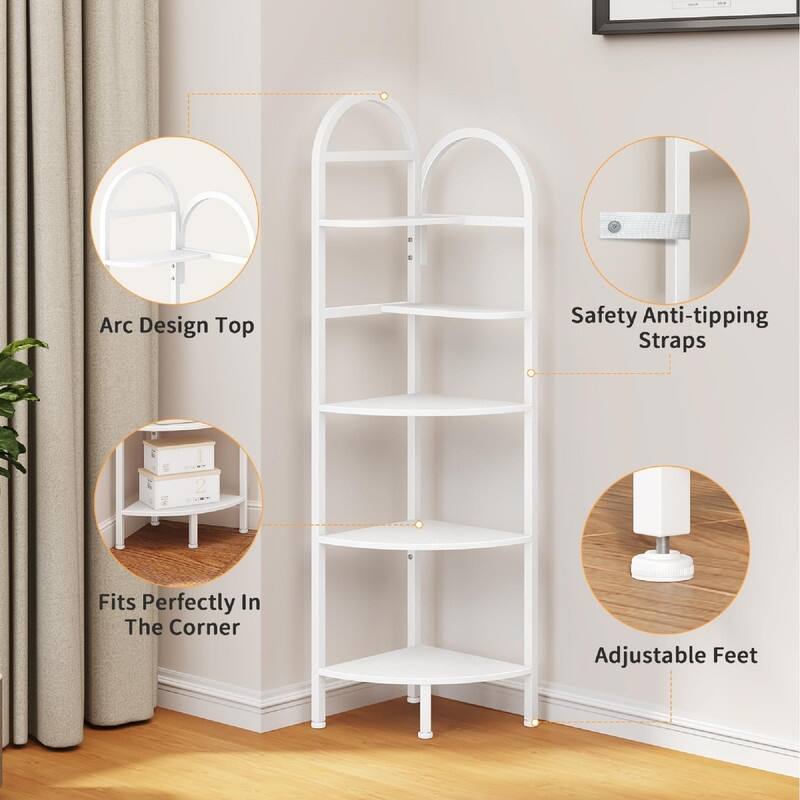 5-Tier Corner Bookshelf - 12.6"D x 12.6"W x 50"H