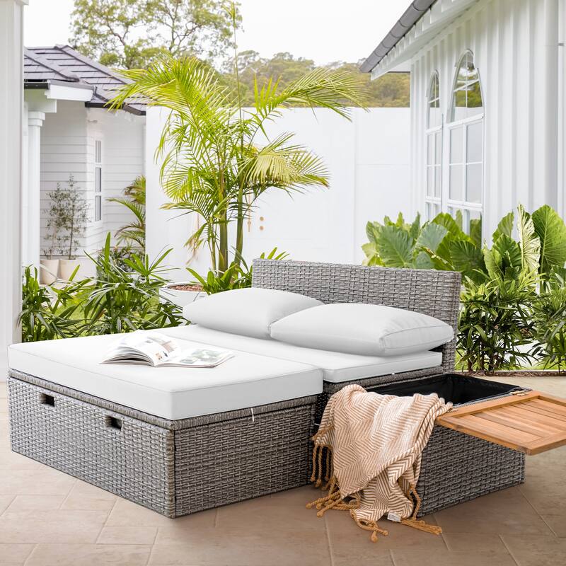 Furniwell Outdoor Daybed Patio Furniture Set Rattan Storage Conversation Set with Cushion and Side Table