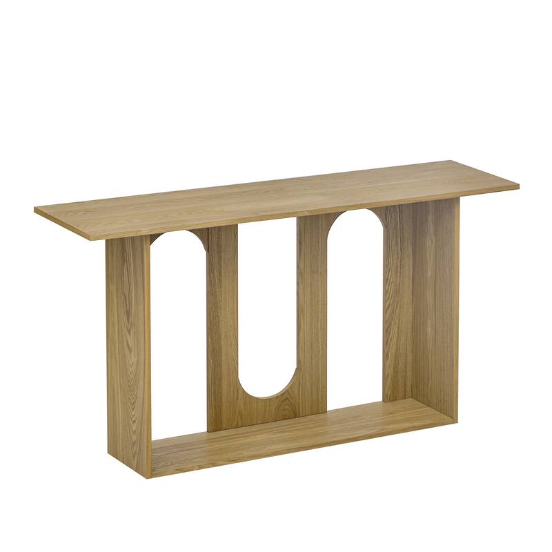 Modern Curved Design Ash Veneer Console Table with Lower Shelf, for Entryway Hallway Living Room, Foyer, Corridor