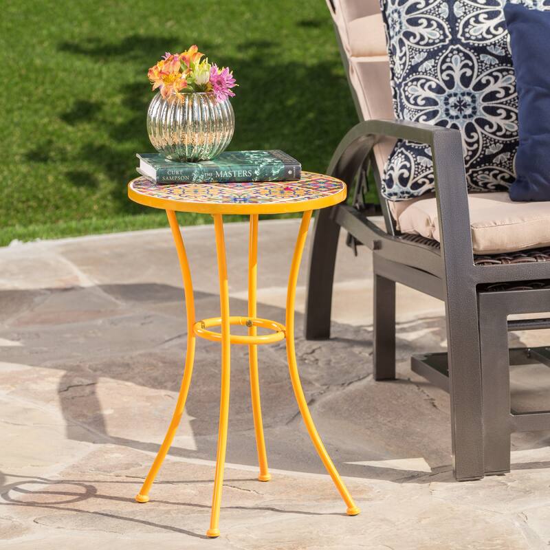 Outdoor Side Table with Tile Mosaic Table Top and Metal Legs, Yellow - 11.02