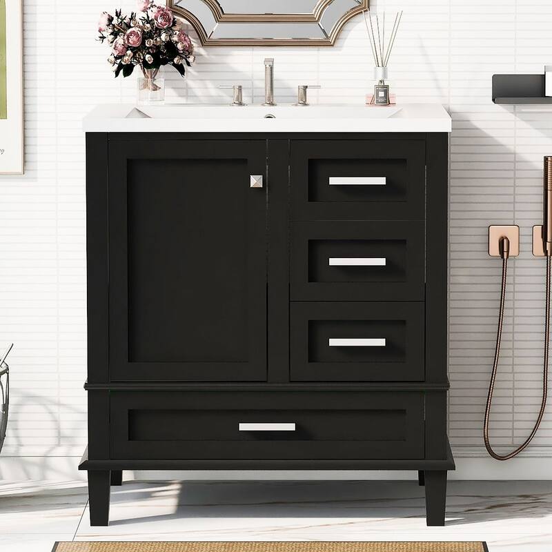 30" Bathroom Vanity With Sink, Solid Wood Bathroom Storage Cabinet - Black