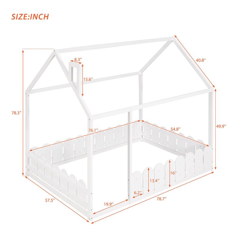 Full Size Wood House Bed Frame with Fence for Children's Bedrooms, Small Space, Playhouse Design, Slats Not Included