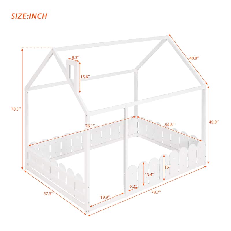 Kids Full Size Floor Bed Frame Semi-Enclosed Playhouse Bed with Roof and Fence, Wooden Platform Bed with Play Area