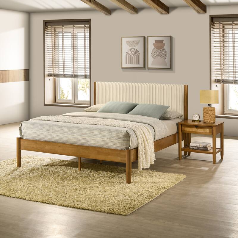 Roundhill Furniture Vichy 2-Piece Bedroom Set, Platform Bed with Nightstand, Queen - Corduroy