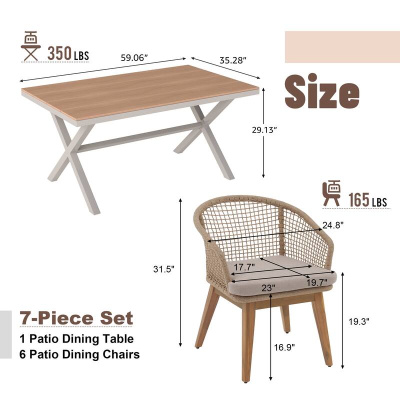 Outdoor 7-Piece Dining Set Chair with Rope-woven Backrest and Table