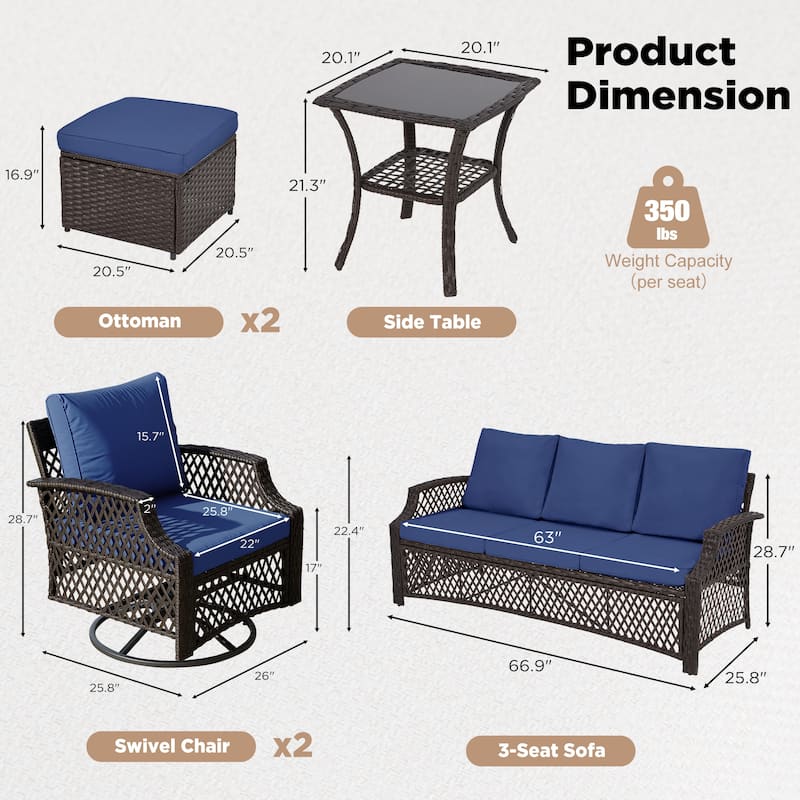 Outdoor Wicker Patio Set w Swivel Chairs & Sofa, Ottomans and Tables, Modular 3/5/6/7-Piece, All-Weather Conversation Set.