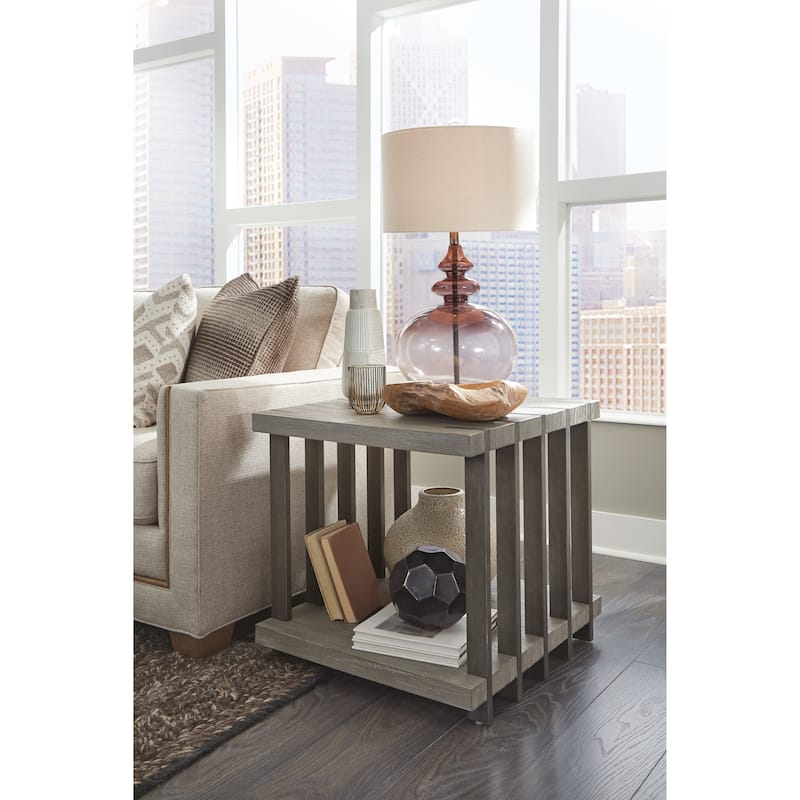Magnussen Home Eldridge Weathered Gravel and Satin Bronze Rectangular End Table - 24''W x 26''D x 24''H - Wood and Metal