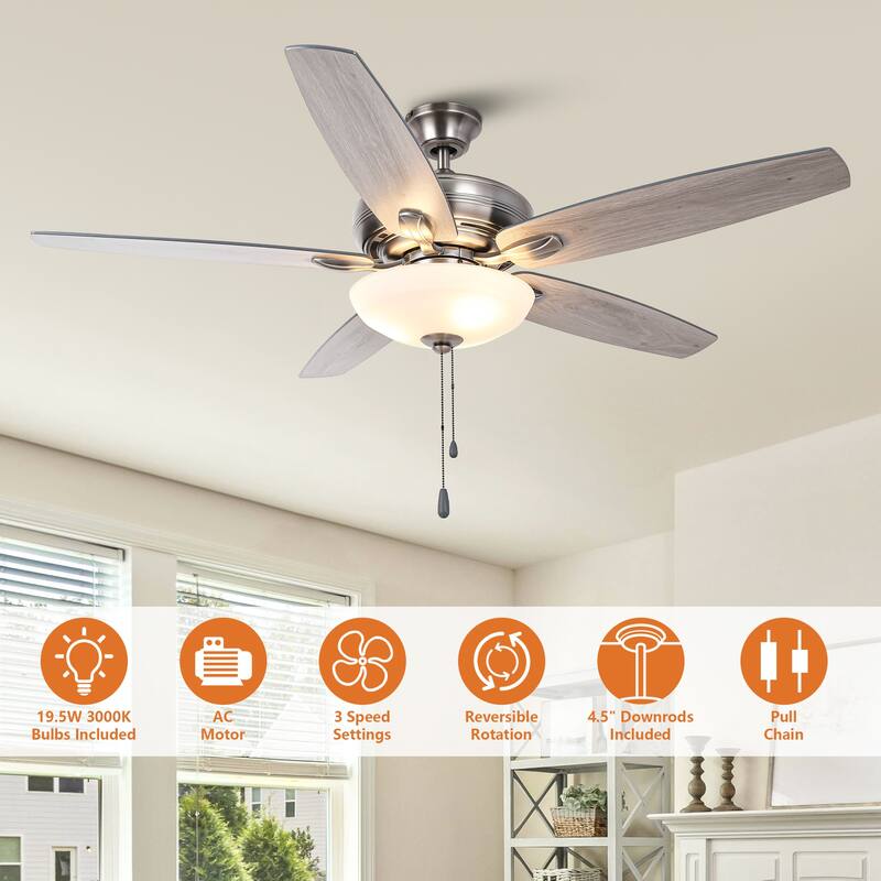 52" Traditional Antique Silver Frosted Glass Ceiling Fan with Light and Pull Chain