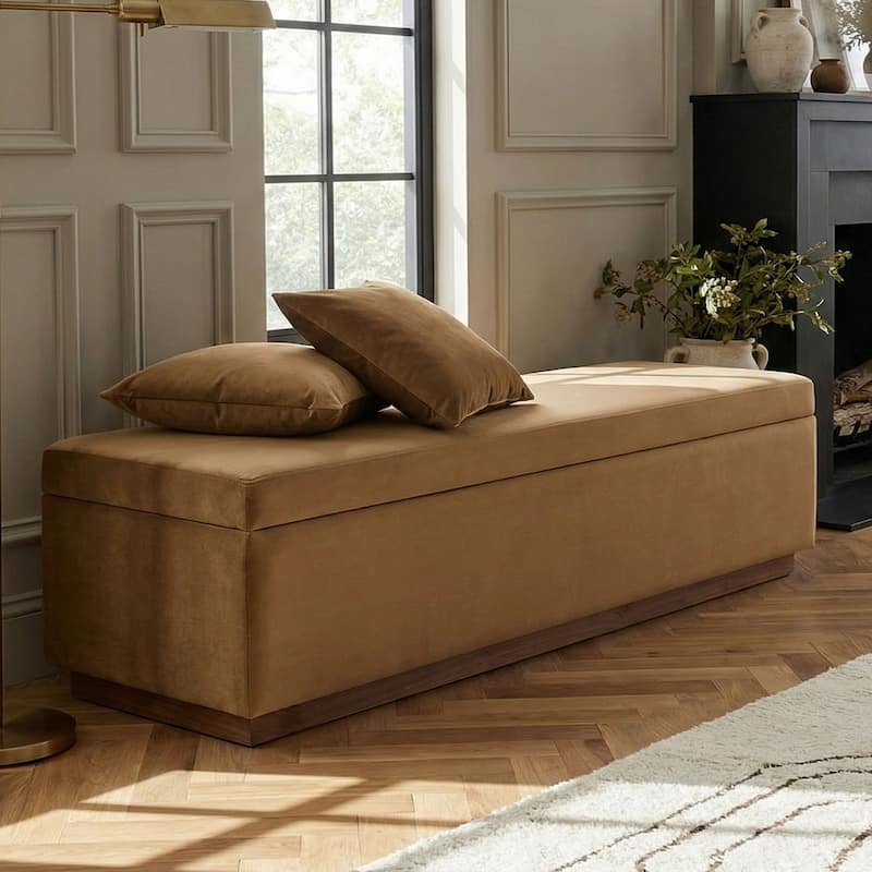 60" Wide Mid-Century Velvet Storage Bench With Solid Wood Base
