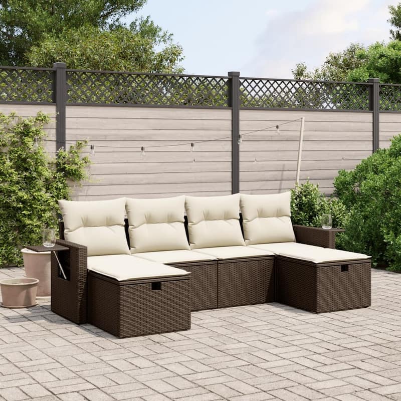 vidaXL Patio Sofa Set with Cushions Outdoor Furniture 6 Piece Poly Rattan - Brown and cream Large