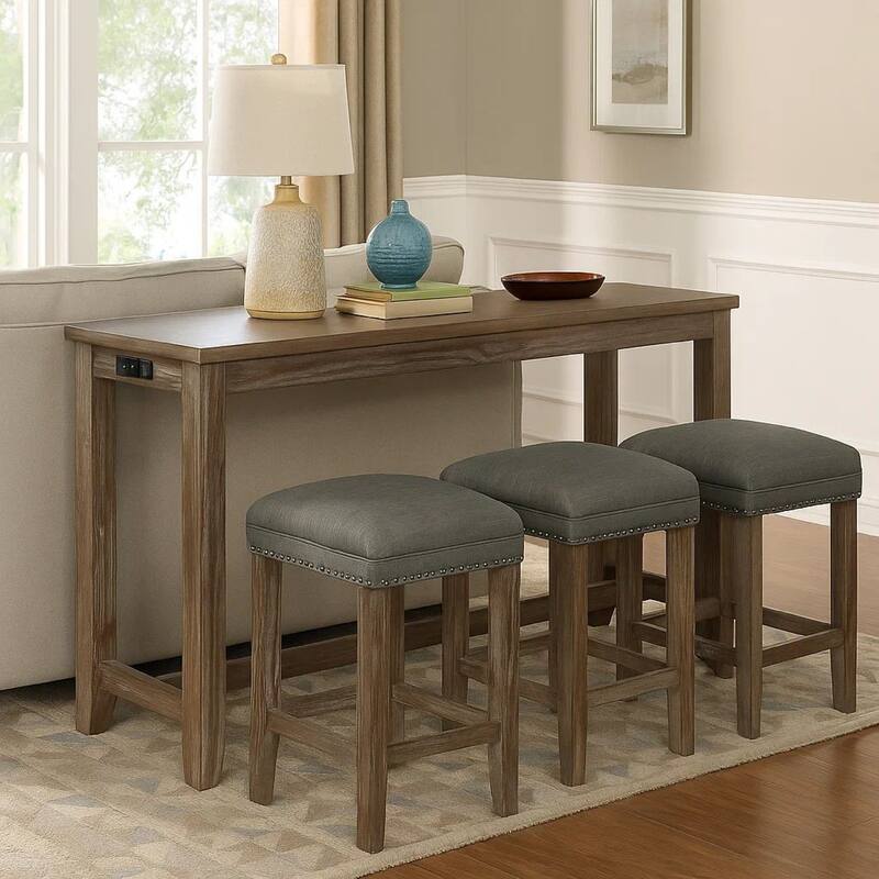 4 Piece Wooden Counter Height Table with Fabric Padded Stool, Brown