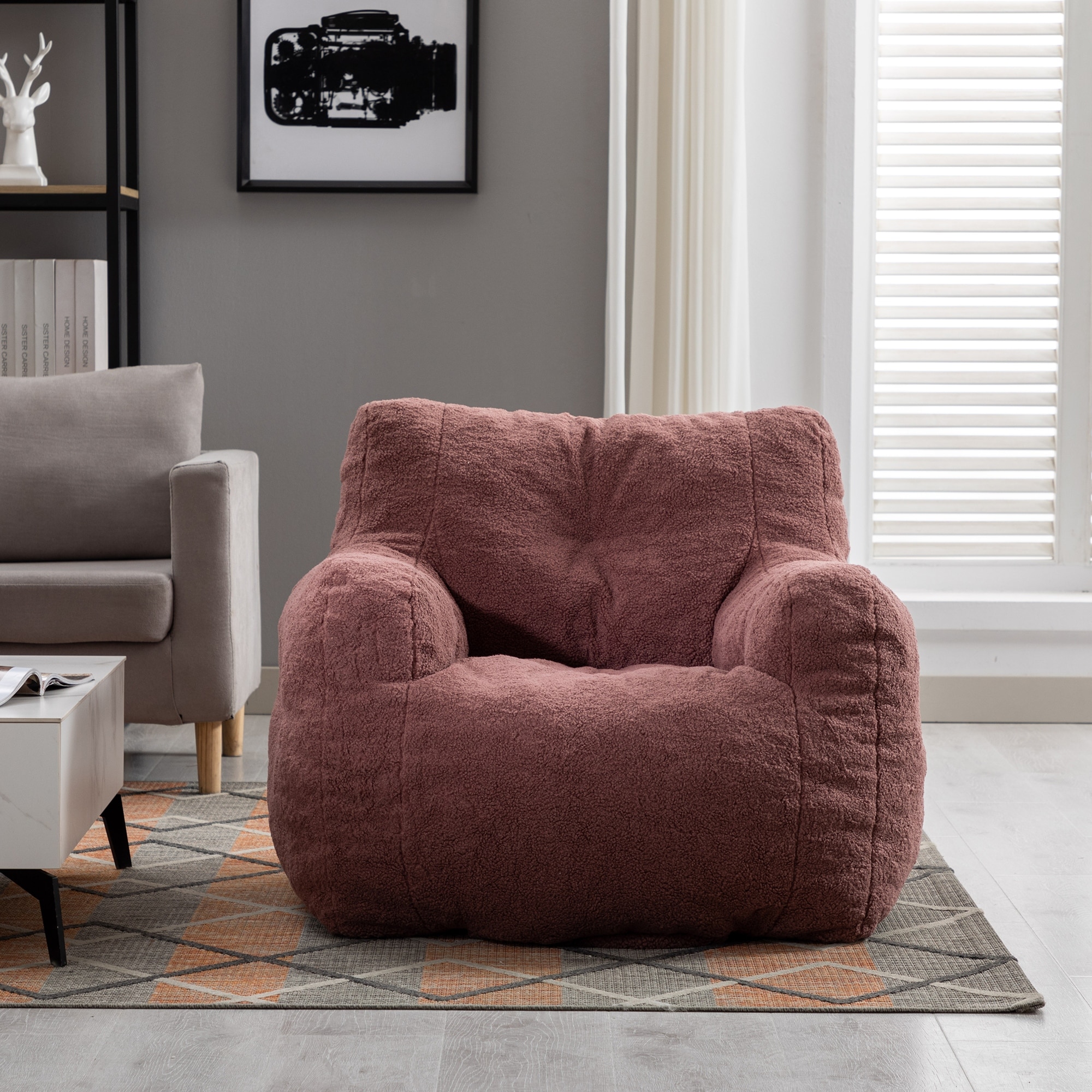 Teddy Fabric Tufted Bean Bag Chair With Ergonomic Backrest