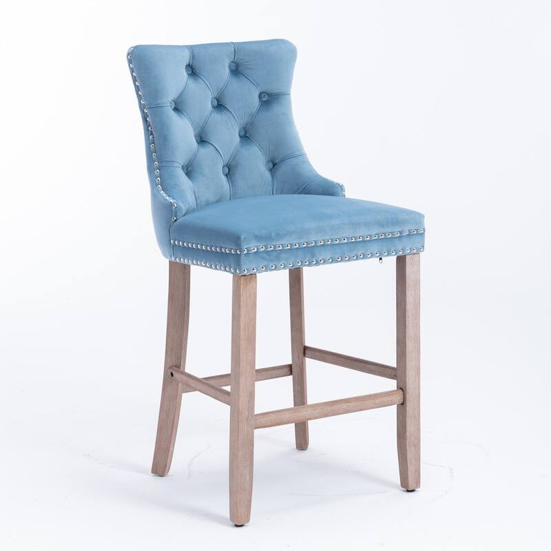 2 Velvet Upholstered Barstools with Button Tufted and Wooden Legs, and Chrome Nailhead Trim - N/A