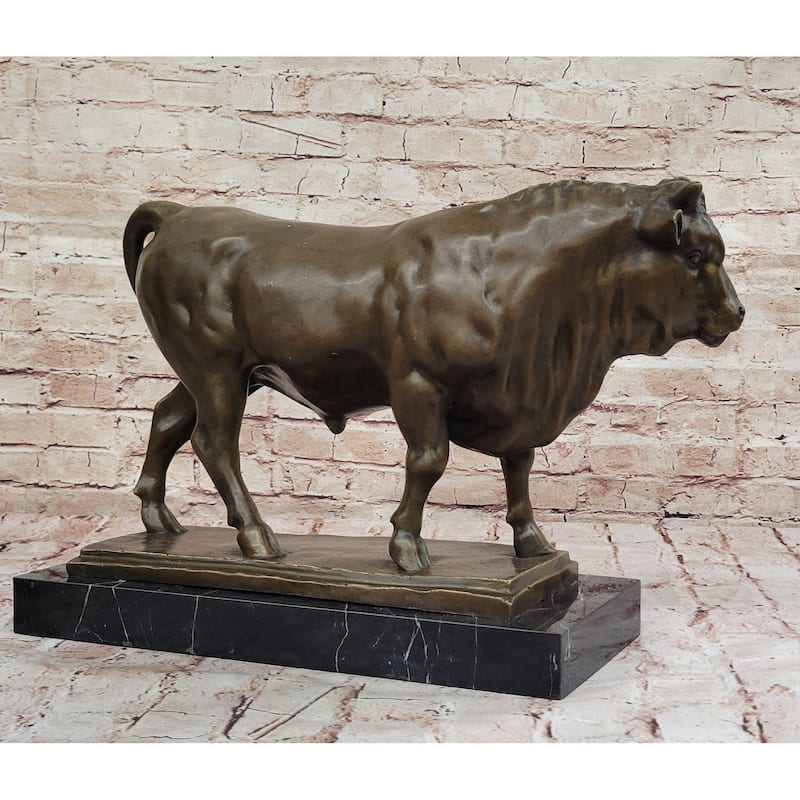 Sturdy Bronze Imitative Bull Statue On Marble Base – Powerful Animal Sculpture With Realistic Detail