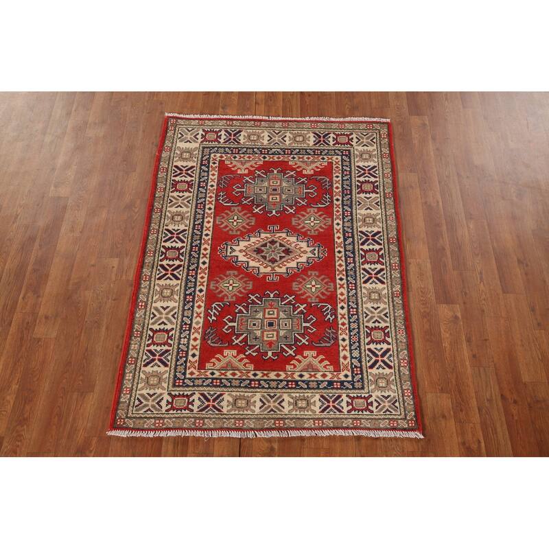 Geometric Kazak Rug Hand-Knotted Accent Wool Carpet - 3'4"x 4'9"