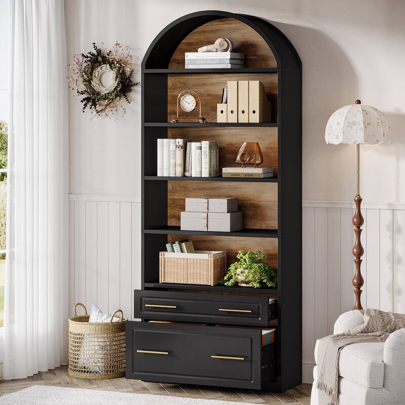 76.8" Tall Arched Bookcase, 5-Tier Modern Bookshelf with File Cabinet Drawer - 1Pack-Black