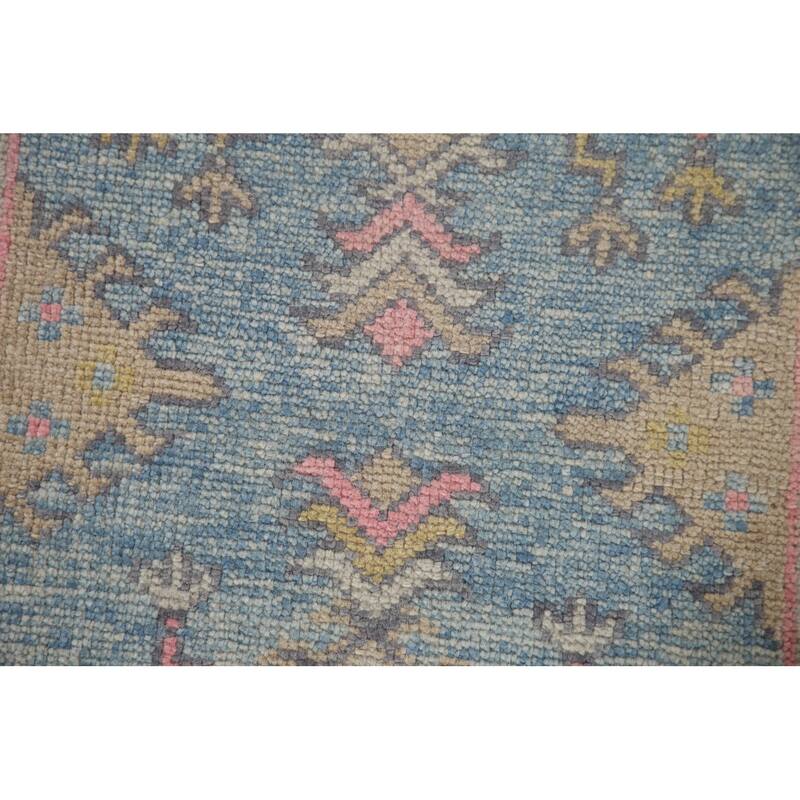Handmade Vegetable Dye Oushak Turkish Runner Rug Blue Wool Carpet - 3'1"x 11'3"