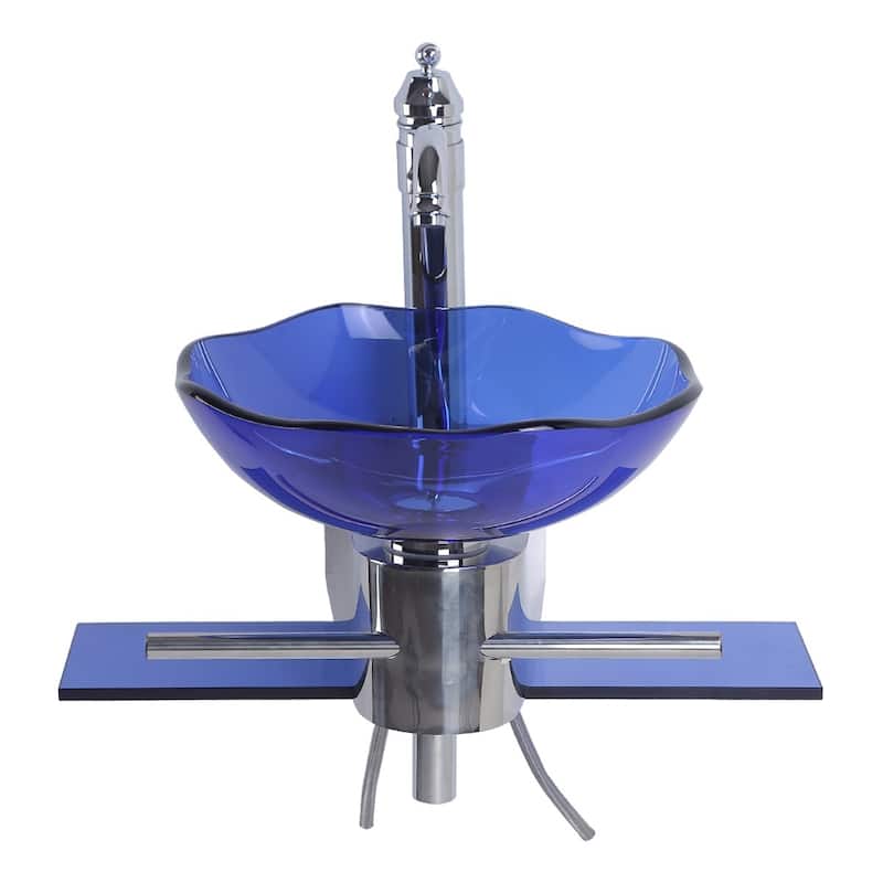23.25" Blue Tempered Glass Wall Mount Bathroom Sink with Chrome Faucet, Pop Up Drain and Towel Bar