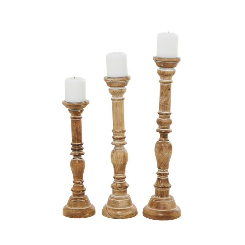 Brown Mango Wood Handmade Candle Holder with Turned Style (Set of 3)