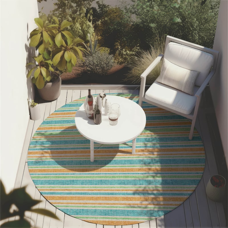 Machine Washable Indoor/ Outdoor Thin Cabana Stripe Chantille Rug - Teal - 8' x 8'