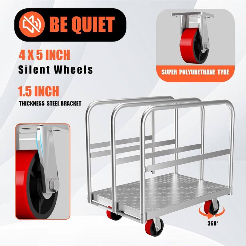 Heavy Duty Steel Panel Cart Dolly, 2000 Lbs Capacity Drywall Dolly Lumber Truck Cart with 3 Side Handrails & 4 Swivel