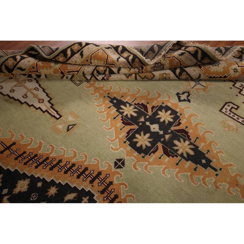 Light Green Geometric Viss Large Indian Rug Hand-Knotted Wool Carpet - 11'10"x 17'11"