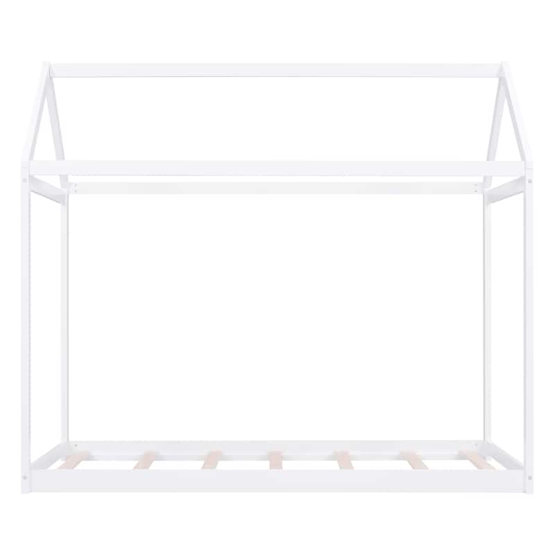 Solid Pinewood Twin Size House Shaped Floor Bed Frame with Roof Design
