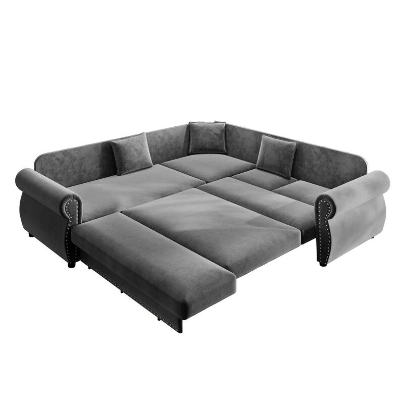 88.2" L-Shaped Sleeper Sectional Sofa with Pull-Out Bed - Chenille Convertible Couch, Nailhead Trim, for Living Room