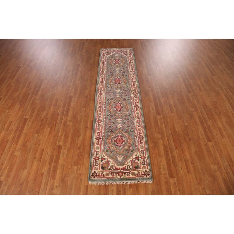 Geometric Heriz Serapi Indian Runner Rug Hand-Knotted Wool Carpet - 2'7" x 10'1"