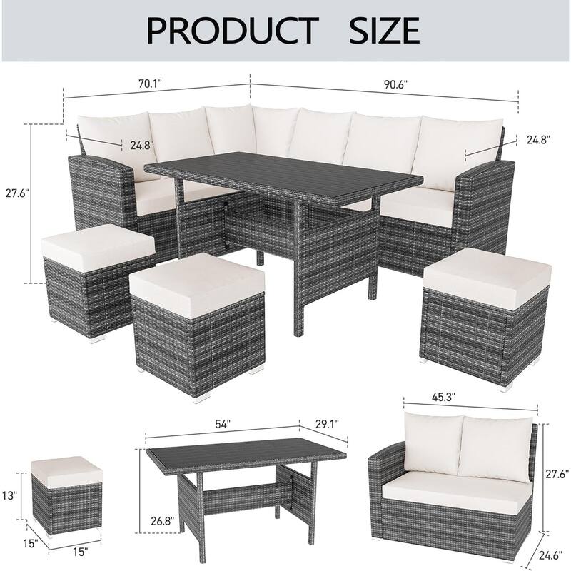 7-Piece Outdoor Patio Sectional Sofa Set with Dining Table – All-Weather PE Wicker Conversation Set