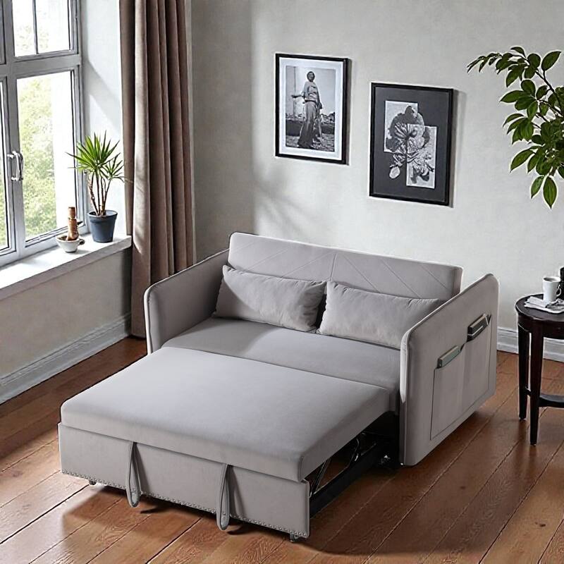 3 in 1 Convertible Sleeper Sofa Bed, Velvet Futon Loveseat with Pull Out Bed, Adjustable Backrest and Side Pockets