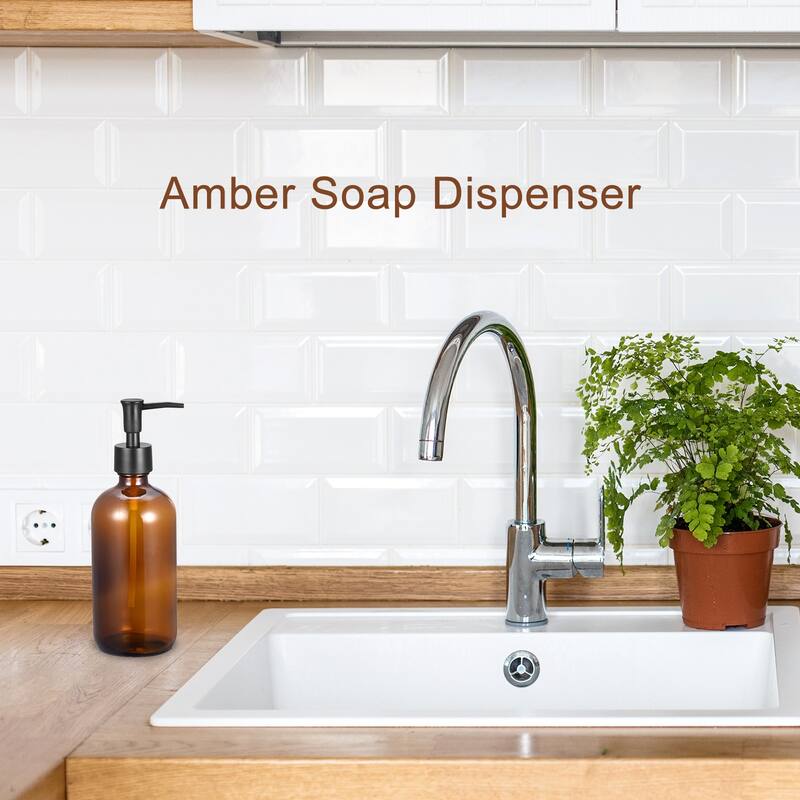 Soap Dispensers Set- 17Oz Glass Dish Hand Soap Dispenser with Pump for Kitchen Bathroom, 2Pcs Brown