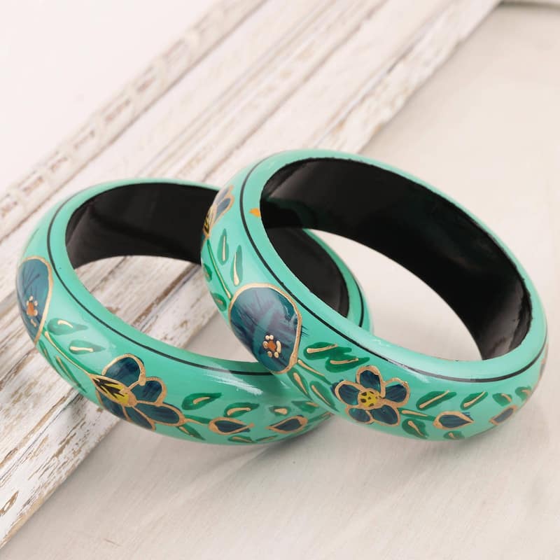 NOVICA Floral Viridian, Wood bangle bracelets (pair)