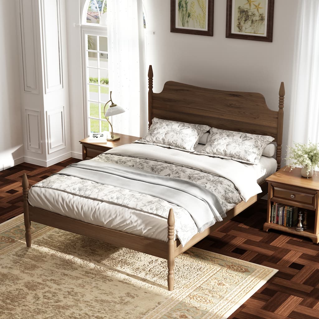GDFStudio Jasper Platform Bed with Curved Tall Headboard, Four-Poster Retro Design, No Box Spring