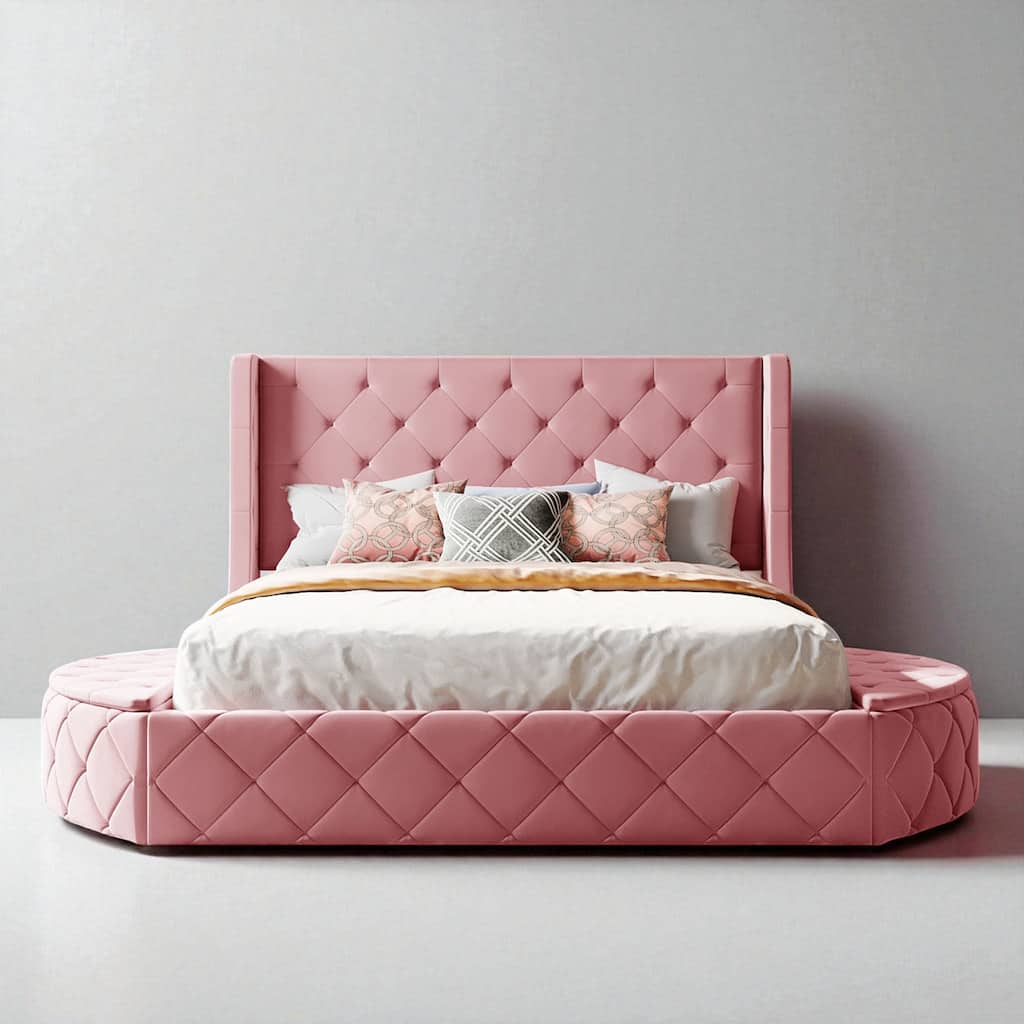 Queen Upholstered Platform Bed with Wingback Headboard, Velvet Fabric, Storage Drawer & 2 Side Storage Stools