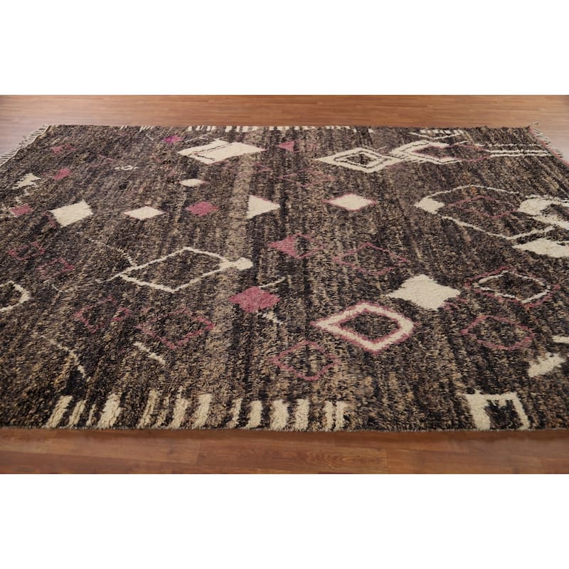 Brown Plush Moroccan Area Rug Hand-Knotted Living Room Wool Carpet - 9'0" x 12'5"