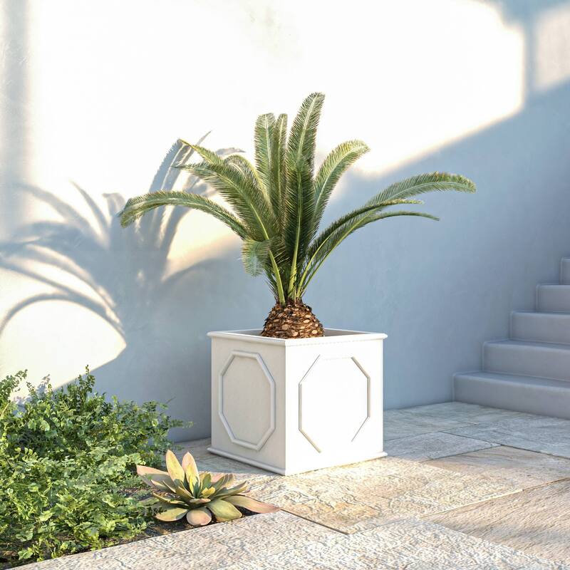 Sprout Modern Fiberstone Square Planter Pot with Drainage Holes for Home Garden Yard Patio Porch Office- No Assembly Required