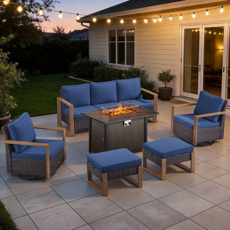 Meyreso Wicker Outdoor Patio Metal Fire Pit Set with Swivel Gliders & 4.5" Olefin Cushions - Brown / Navy Cushions - 6-Piece