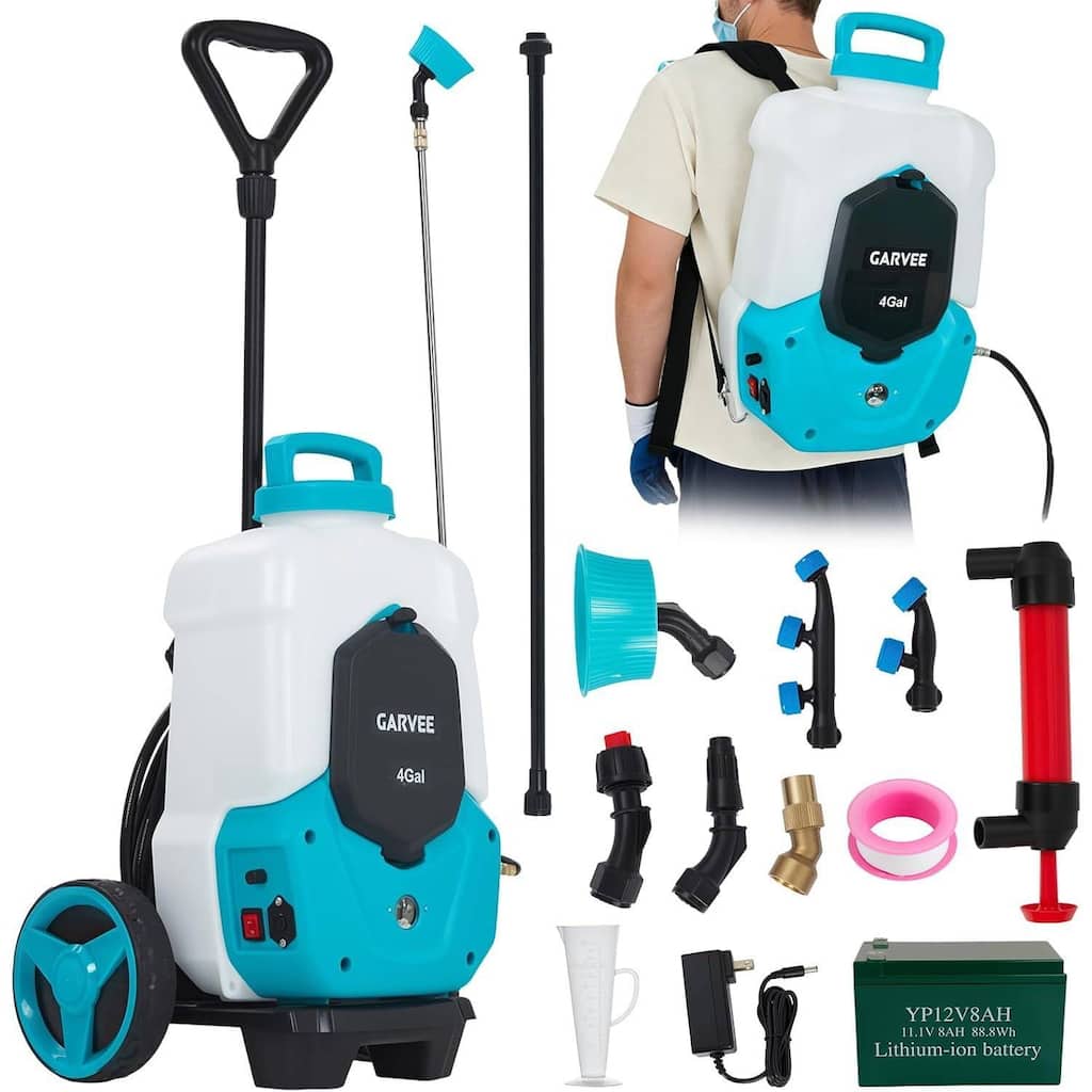 4 Gallons Battery Powered Backpack Sprayer with Wheeled Cart, 6 Nozzles & 2 Wands - N/A