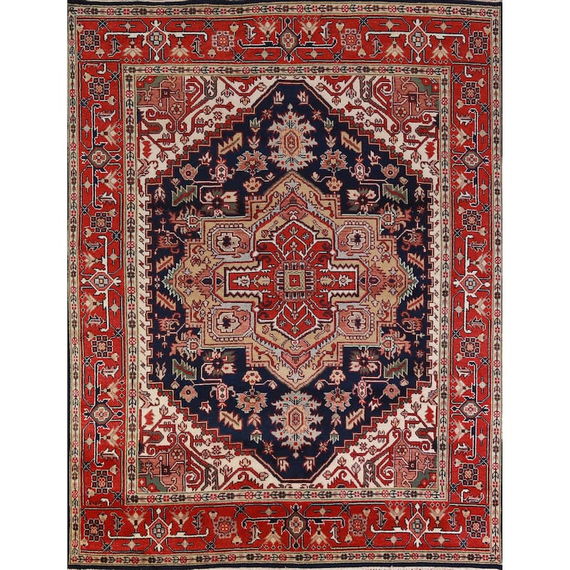 Hand Knotted Oriental 100% Wool Carpet Traditional Medallion Navy Blue & Blues Heriz (serapi) Area Rug - 9' 10'' X 8' 2''