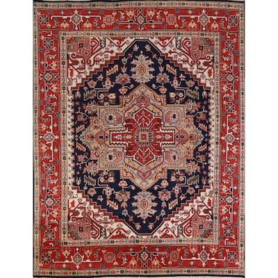 Hand Knotted Oriental 100% Wool Carpet Traditional Medallion Navy Blue & Blues Heriz (serapi) Area Rug - 9' 10'' X 8' 2''